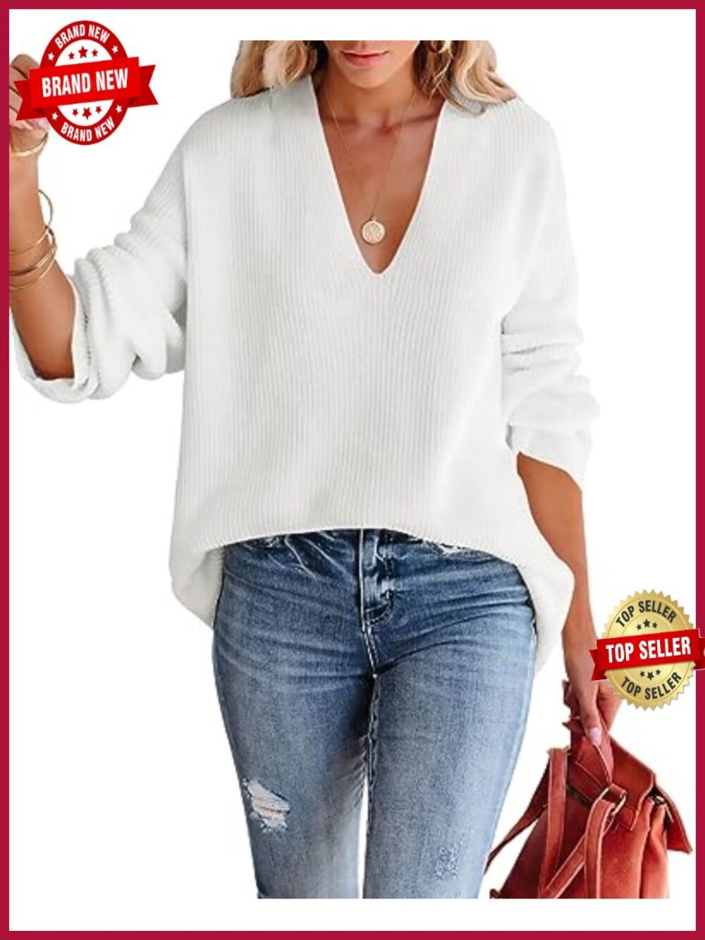 Oversized Deep V Neck Waffle Knit Pullover Sweater Loose Fit Tunic